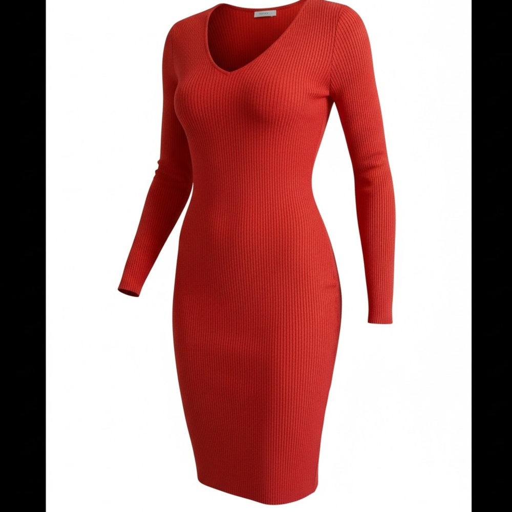 Olive+Oak Ribbed Knit Bodycon Midi Dress Red/Orange Size XL